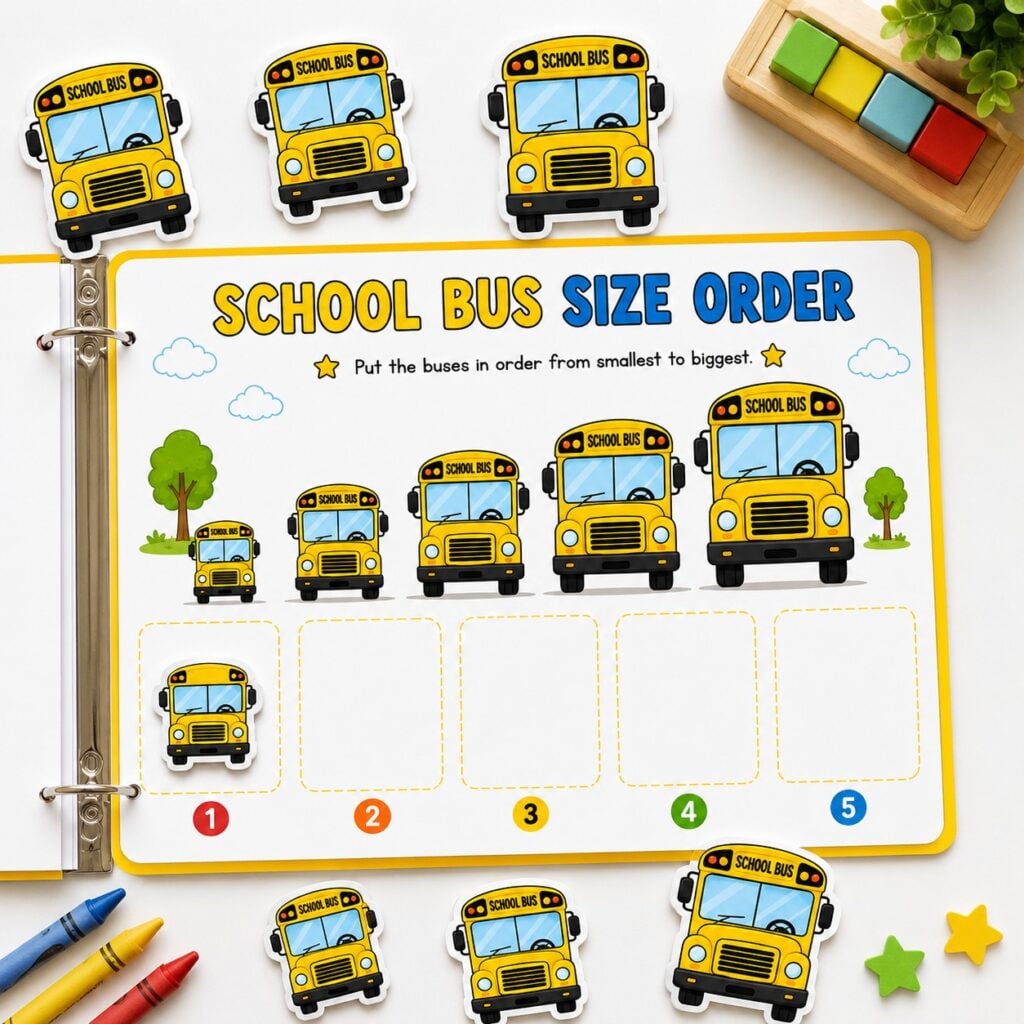 School Bus Size Order printable activity for sorting small to big