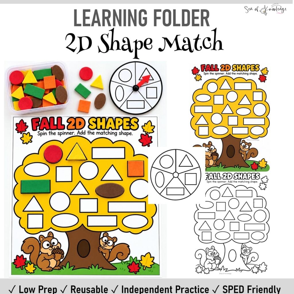 Practice 2D shapes with this hands-on fall shape matching activity for preschool, kindergarten, and SPED math centers and independent work.