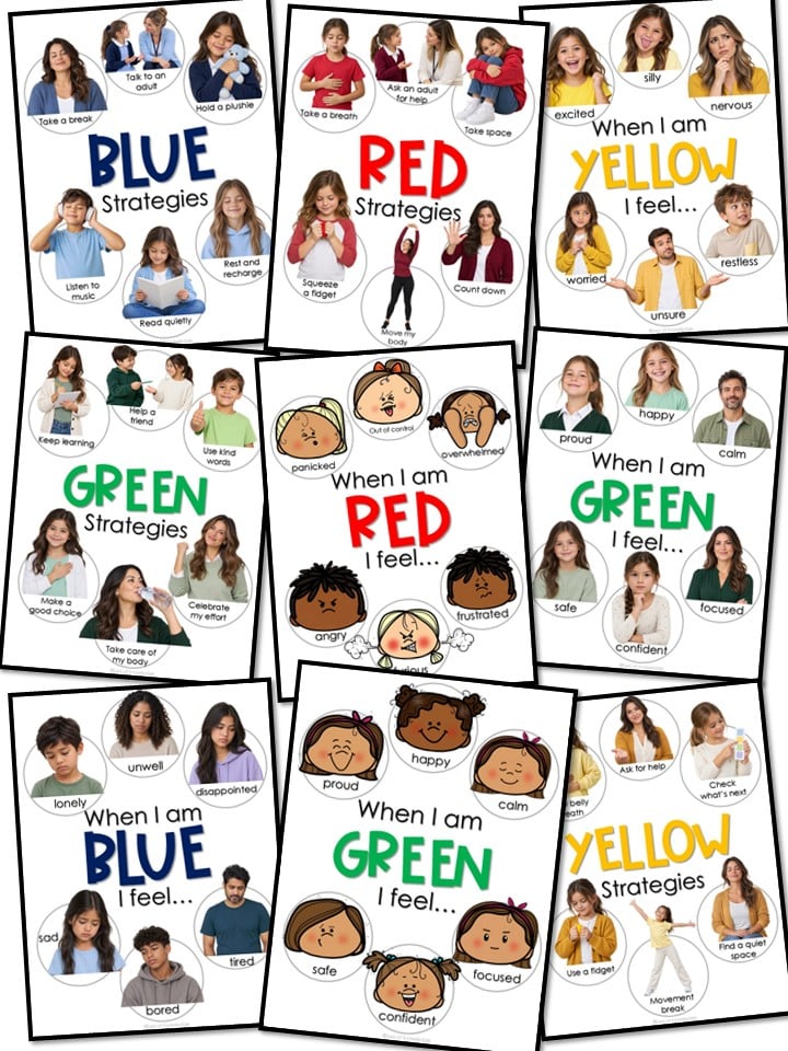 Color emotional posters for children make feelings and coping strategies visual with bright SEL supports for calm corners, classrooms, and homes.