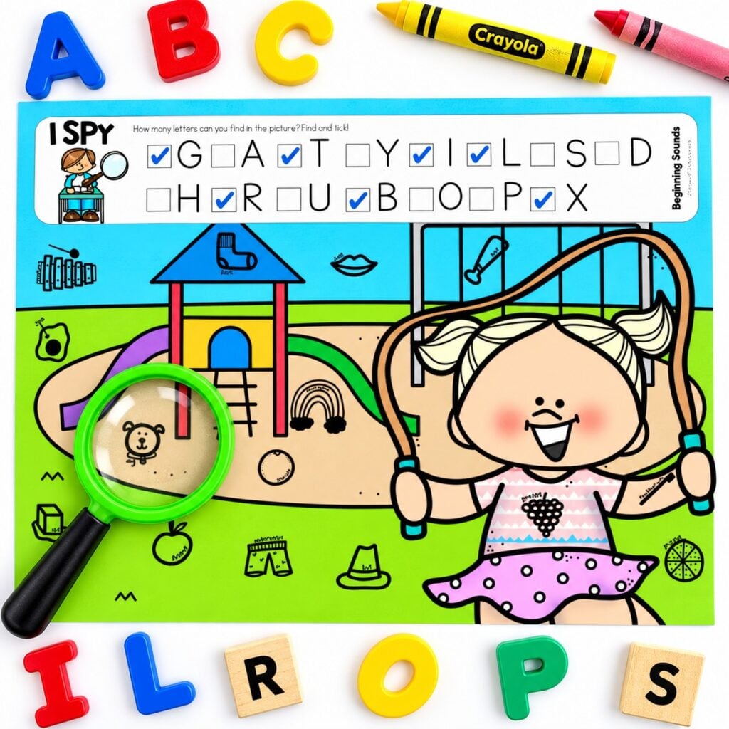 Fall alphabet I Spy mat with checked letter boxes and magnifying glass
