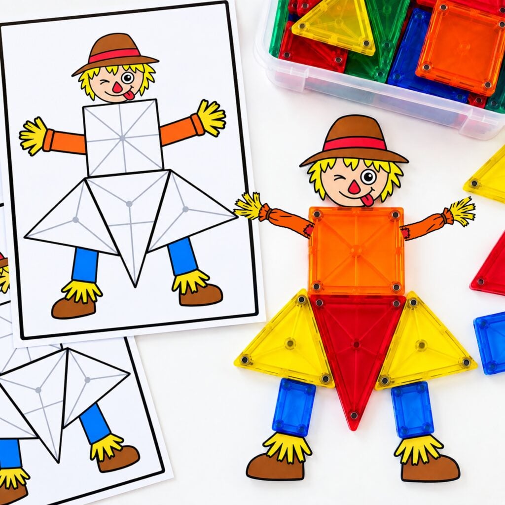 This scarecrow dress-up task box activity is a fun, hands-on way for young learners to practice shape recognition, visual matching, and problem-solving during your fall math centers.