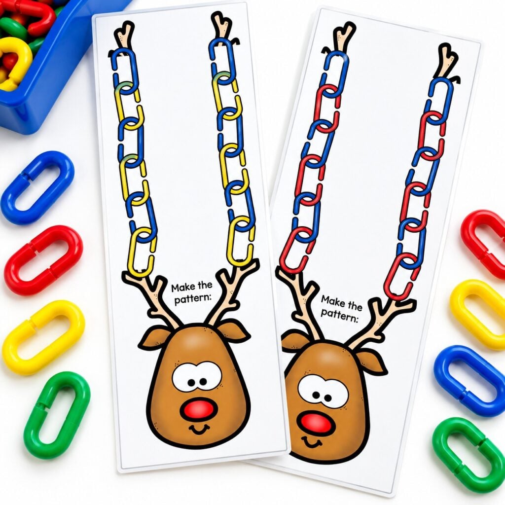 Two reindeer antler pattern cards showing alternating colored linking chains