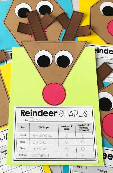 Reindeer made from geometric paper shapes beside a shape identification worksheet