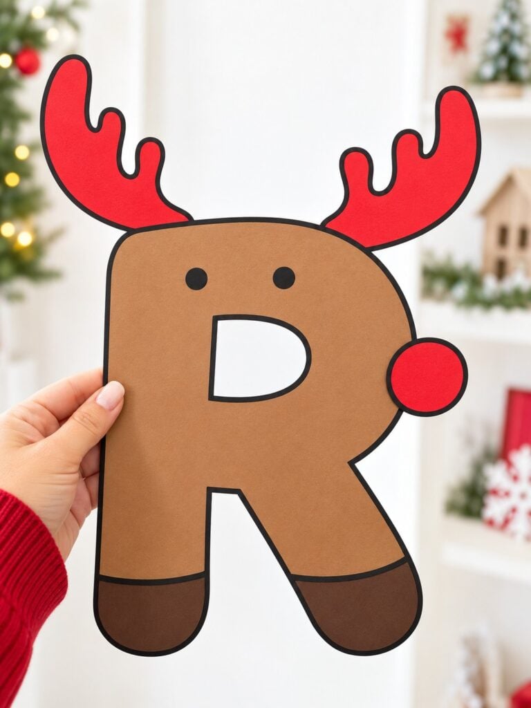 Brown letter R reindeer craft with red antlers and a round red nose