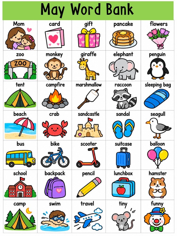 May Word Bank Spring Picture Writing Vocabulary