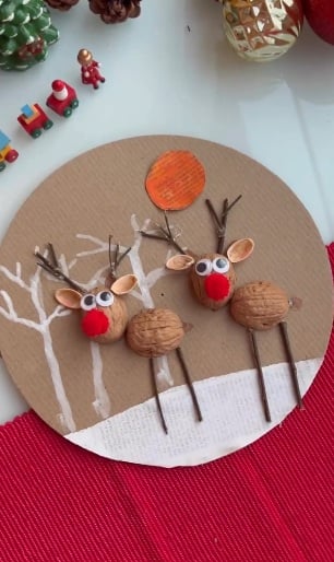 Miniature walnut reindeer scene for a Christmas craft project