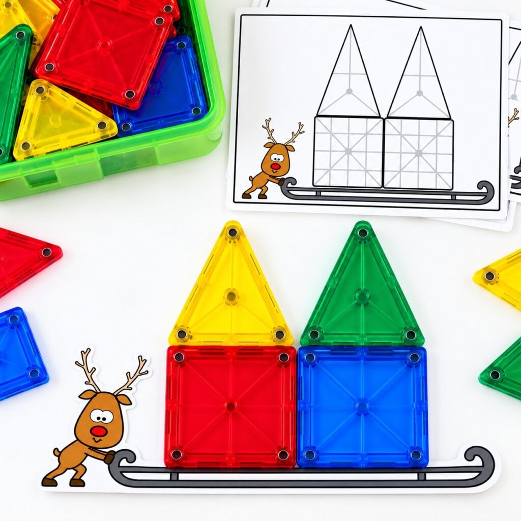 Red, green, and yellow magnetic tiles arranged on a reindeer sleigh building challenge card
