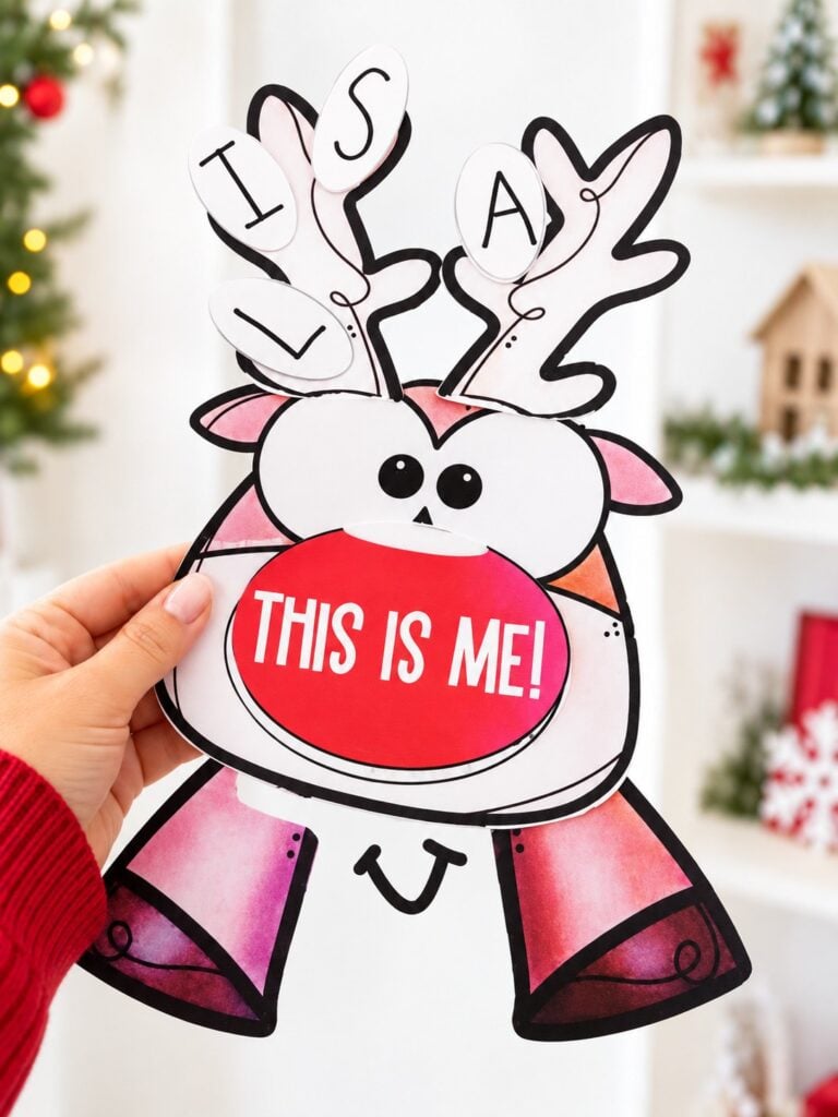 Pink Rudolph self esteem craft with name letters on its antlers and a red This Is Me nose