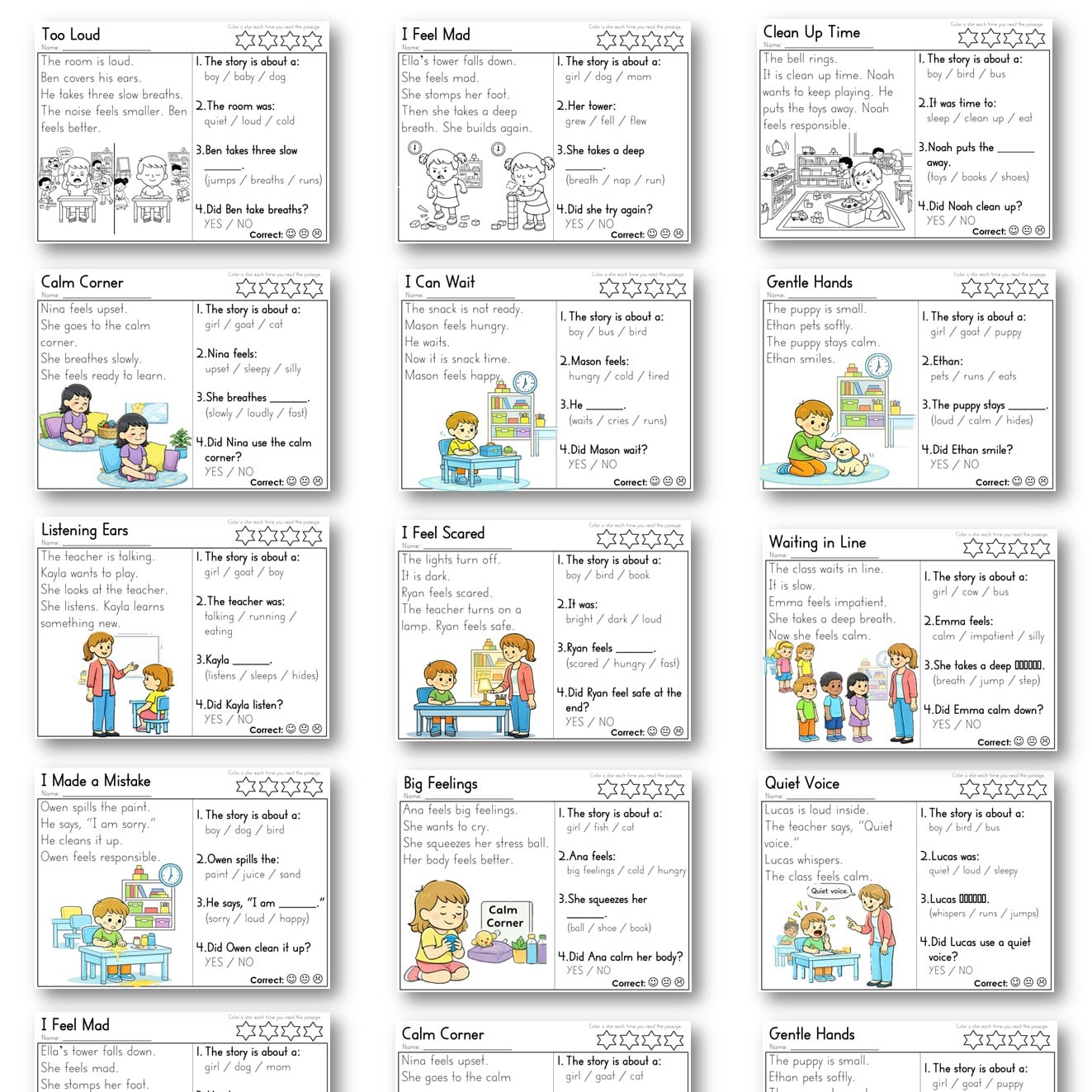 Collection of social story worksheets about feeling mad, calming down, waiting, gentle hands, listening, and other classroom situations.