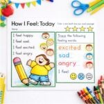 How I Feel Today worksheet with feeling sentences, emotion word tracing, and faces for a feelings check-in.
