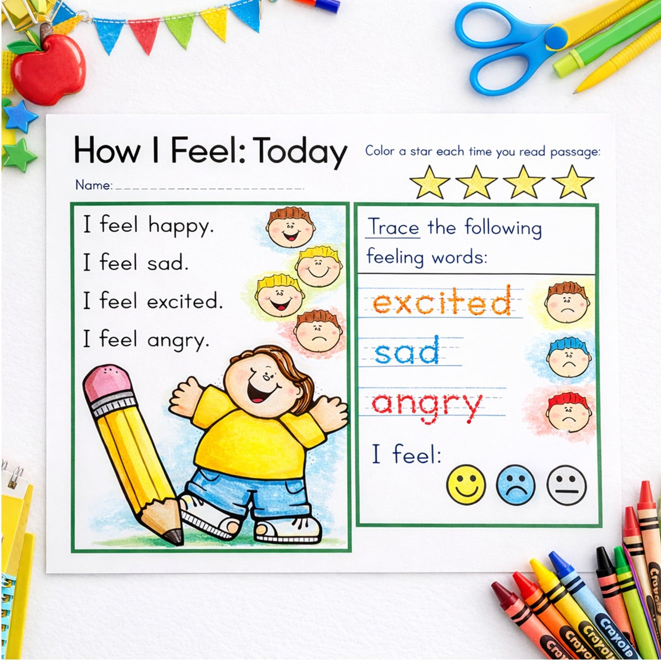 How I Feel Today worksheet with feeling sentences, emotion word tracing, and faces for a feelings check-in.