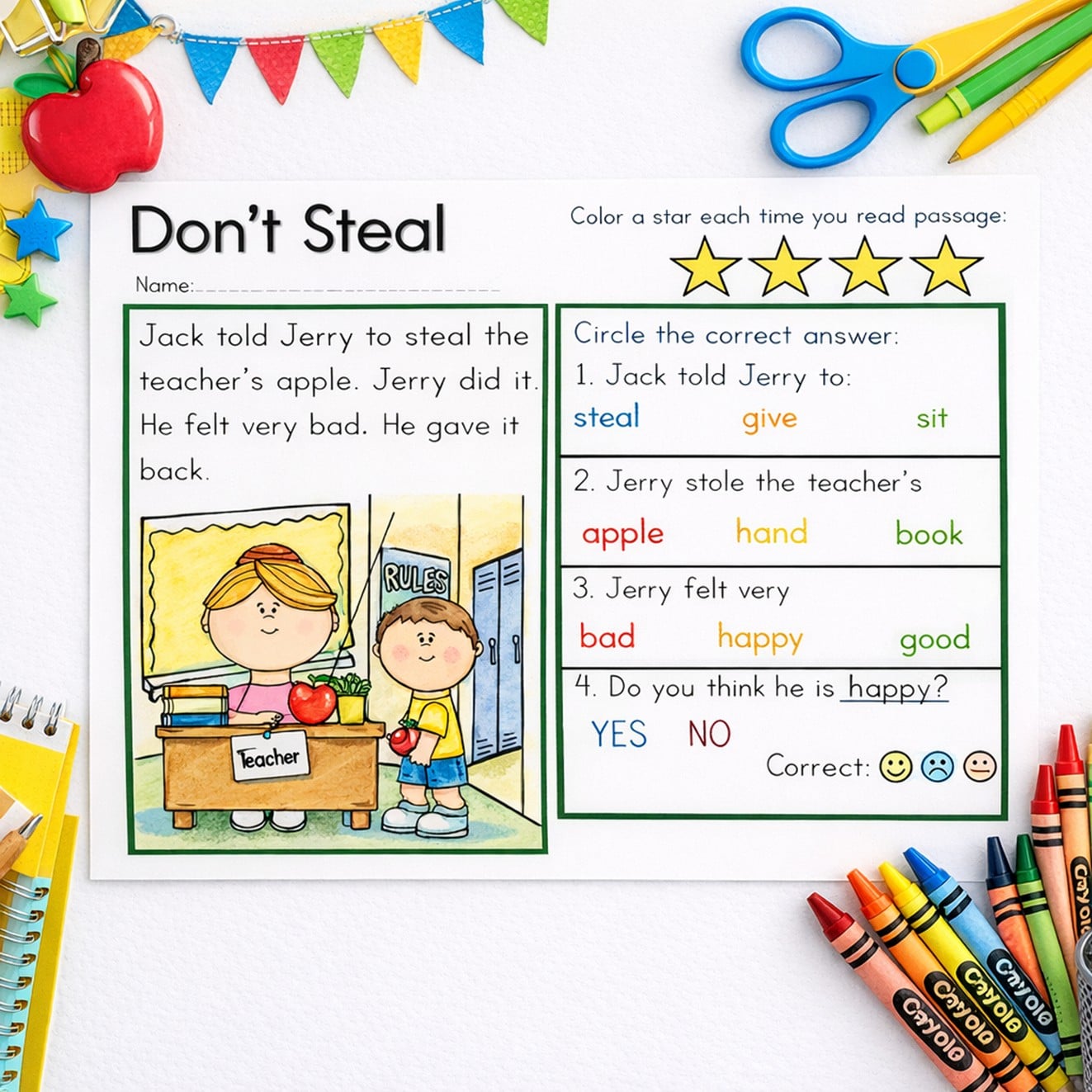 Don't Steal social story worksheet about returning a teacher's apple, with an illustration and four comprehension questions.