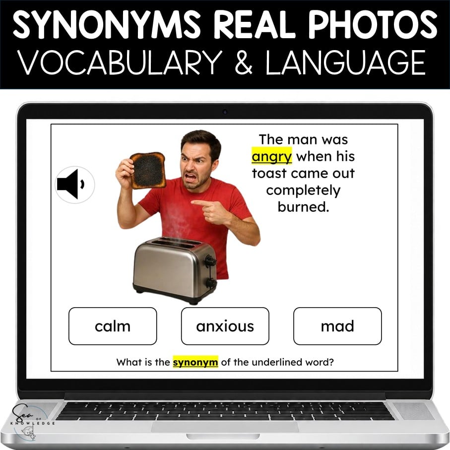 Synonyms Boom Cards cover showing a man with burned toast and the answer choices calm, anxious, and mad for the highlighted word angry.