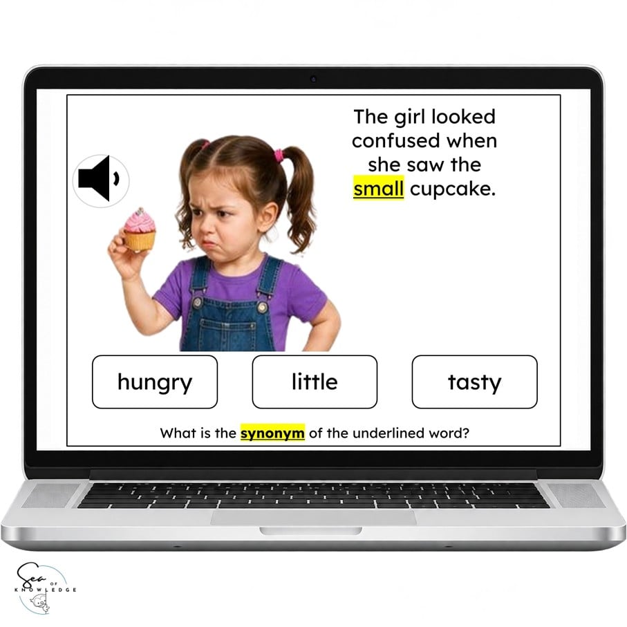 Laptop displaying a synonyms question about a girl holding a small cupcake, with hungry, little, and tasty as answer choices.