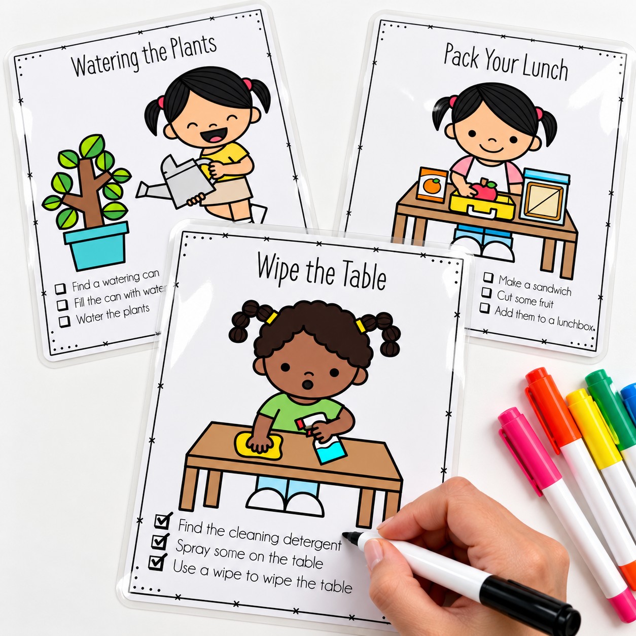 Laminated printable life skills task cards with everyday routine illustrations and checklists for children
