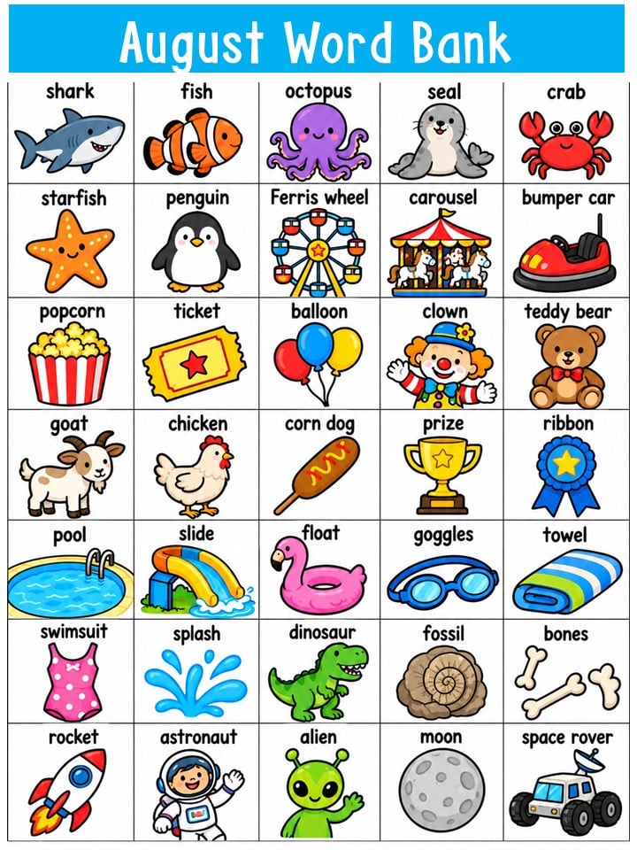 August Writing Word Bank