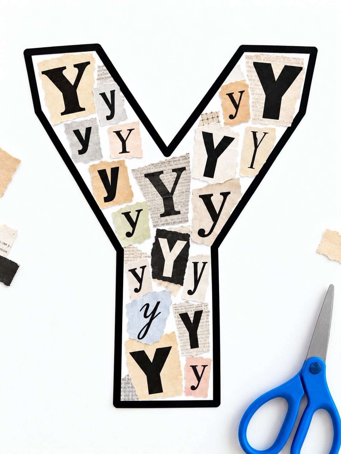 Uppercase Y filled with uppercase and lowercase magazine letters beside blue scissors.