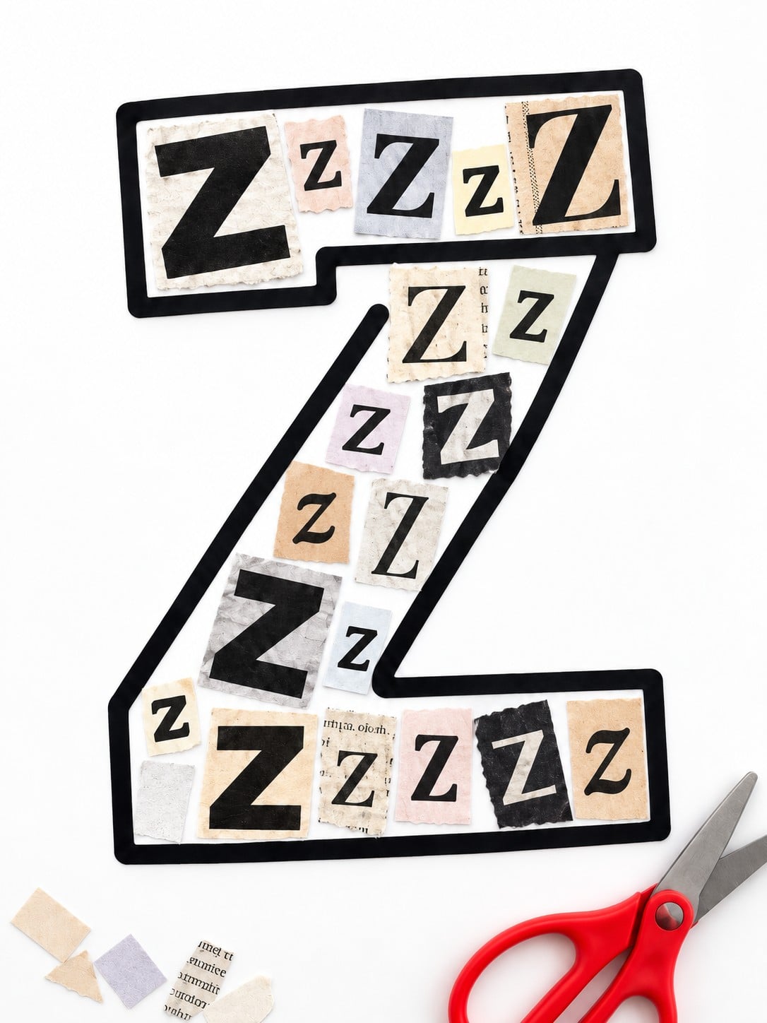 Outline Z decorated with magazine letters in different fonts beside red scissors.