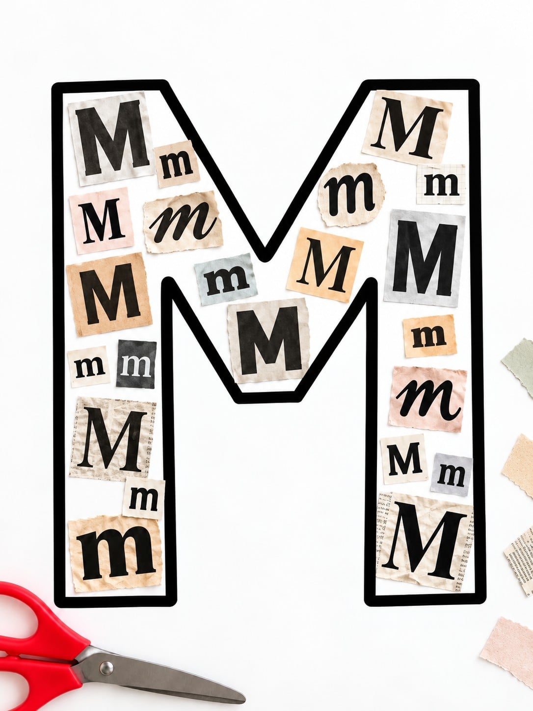 Large outline M filled with uppercase and lowercase magazine letter cutouts.
