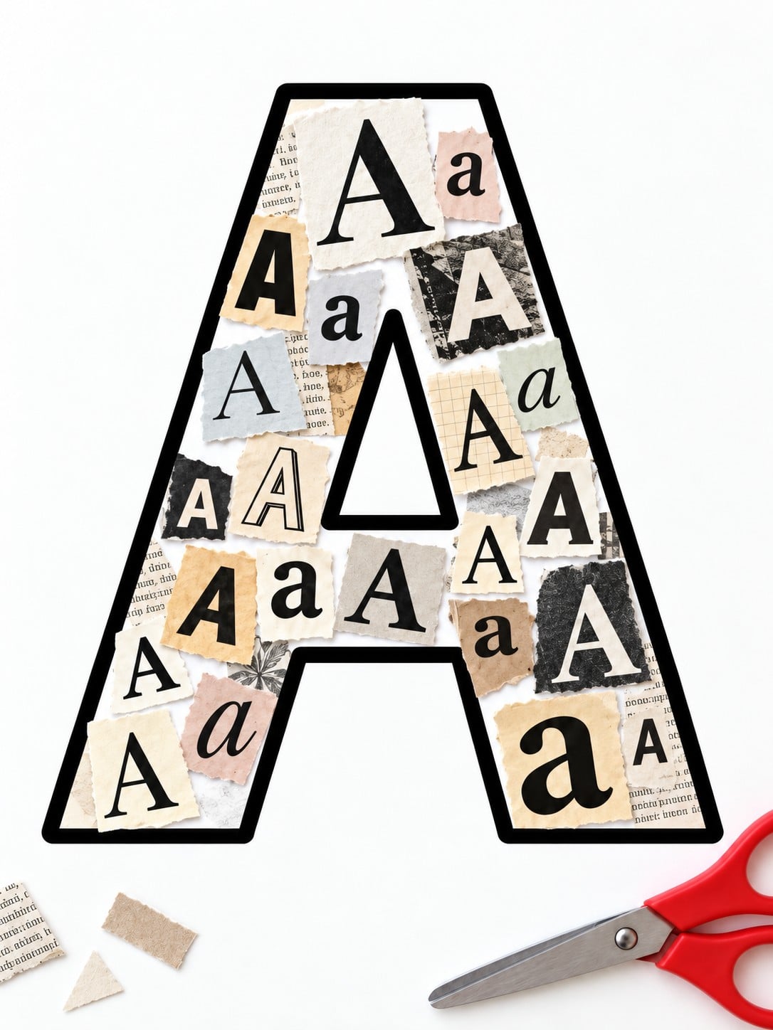 Large outline A covered with matching magazine letters for a cut and paste alphabet collage.