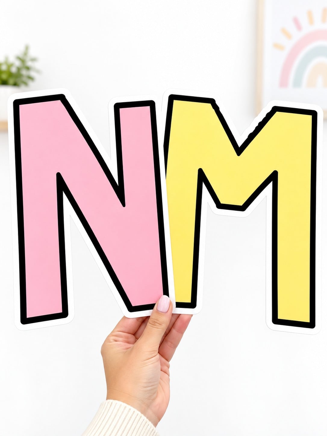 Hand displaying chunky pink N and yellow M letters for a classroom display.
