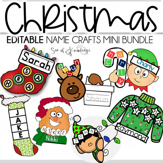 Christmas name crafts bundle featuring festive name writing activities