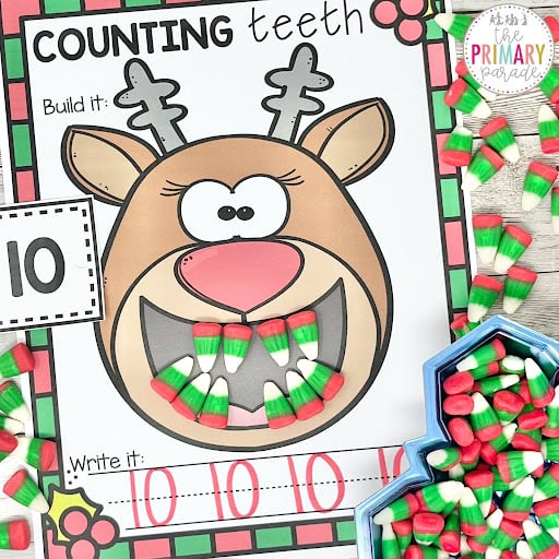 Reindeer teeth counting mat with number ten and festive candy corn in its mouth