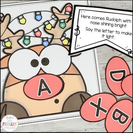 Rudolph alphabet activity with letter A on its red nose and matching letter pieces