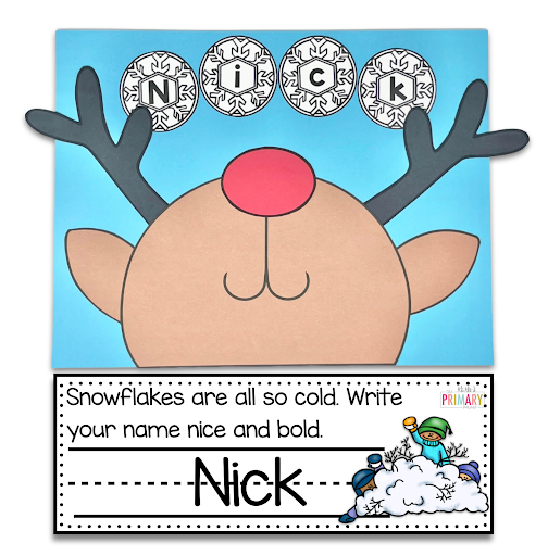 Reindeer snowflake name craft with Nick spelled across snowflakes above its antlers
