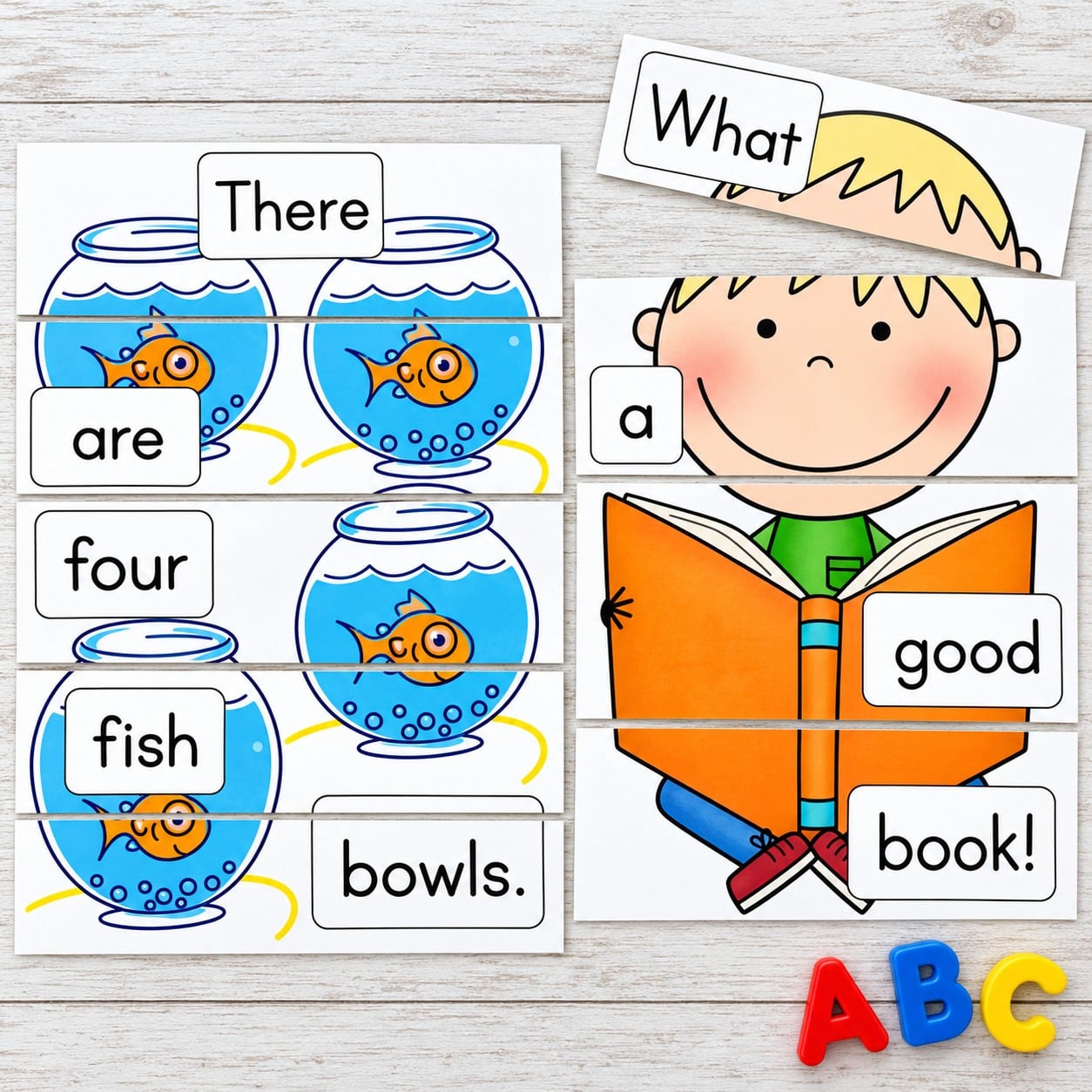 Printable sentence building puzzles showing fishbowls and a child reading, cut into word strips for literacy centers.