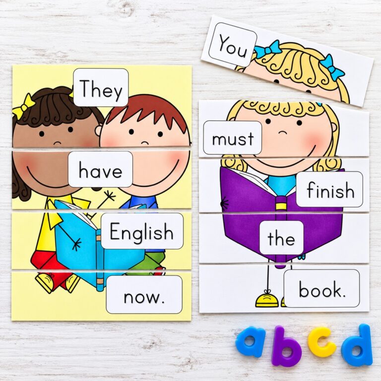 Dolch sight word sentence puzzles showing children reading, with “They have English now” and “You must finish the book.”