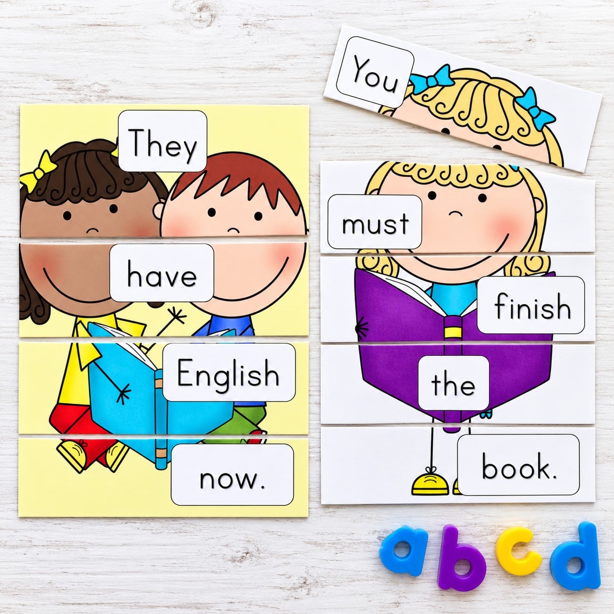 Dolch sight word sentence puzzles showing children reading, with “They have English now” and “You must finish the book.”