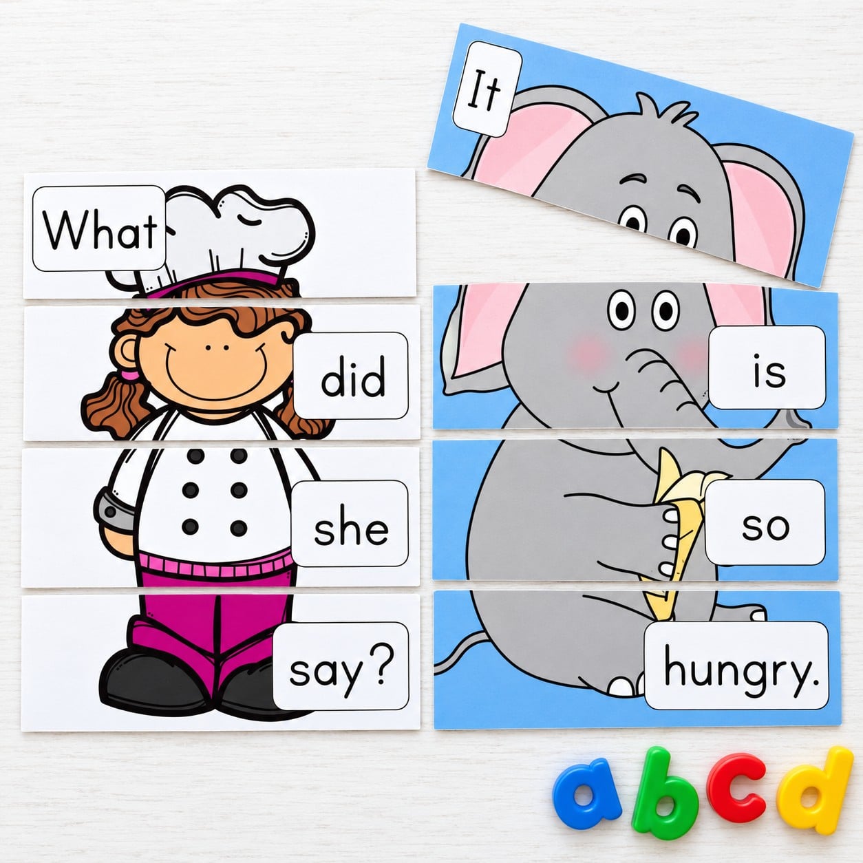 Picture sentence puzzles for beginning readers featuring a chef and a hungry elephant, with detachable word strips.