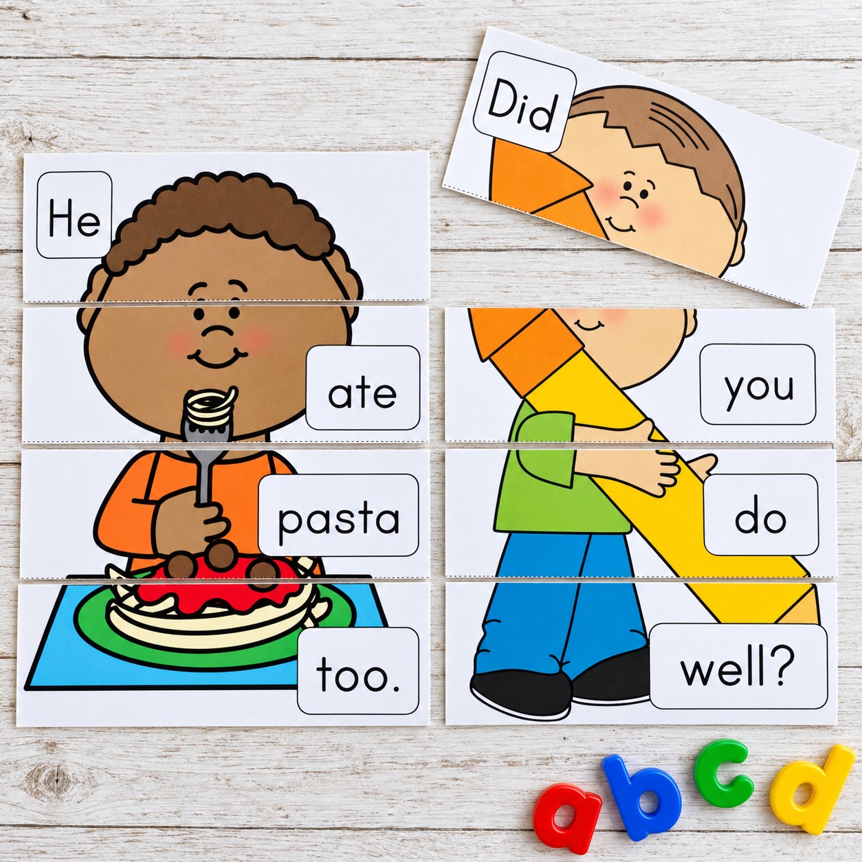 Hands-on sentence building puzzles showing a child eating pasta and a child holding a pencil on a white wood table.